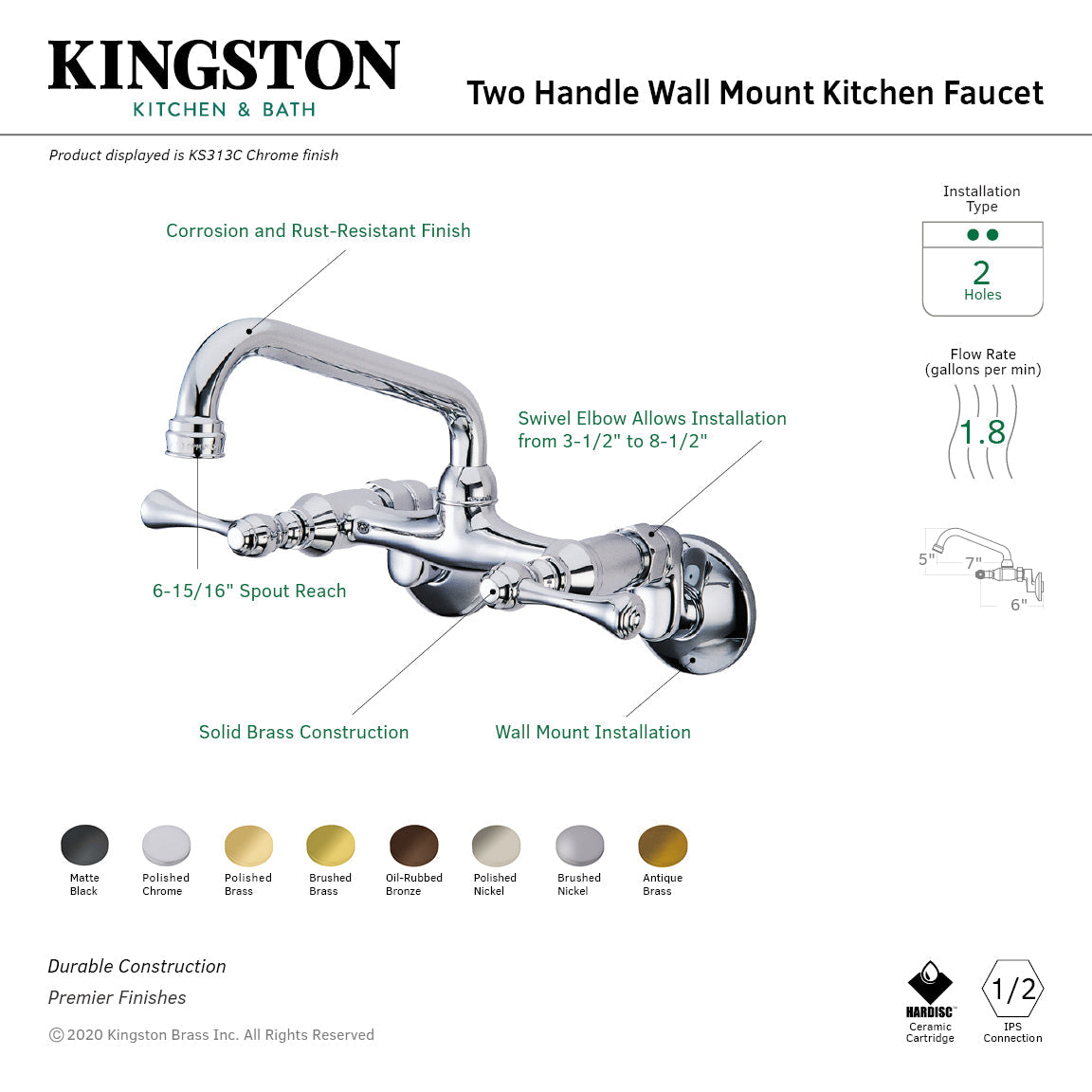 Kingston Double-Handle Wall-Mount Bridge Kitchen Faucet in Brushed Brass