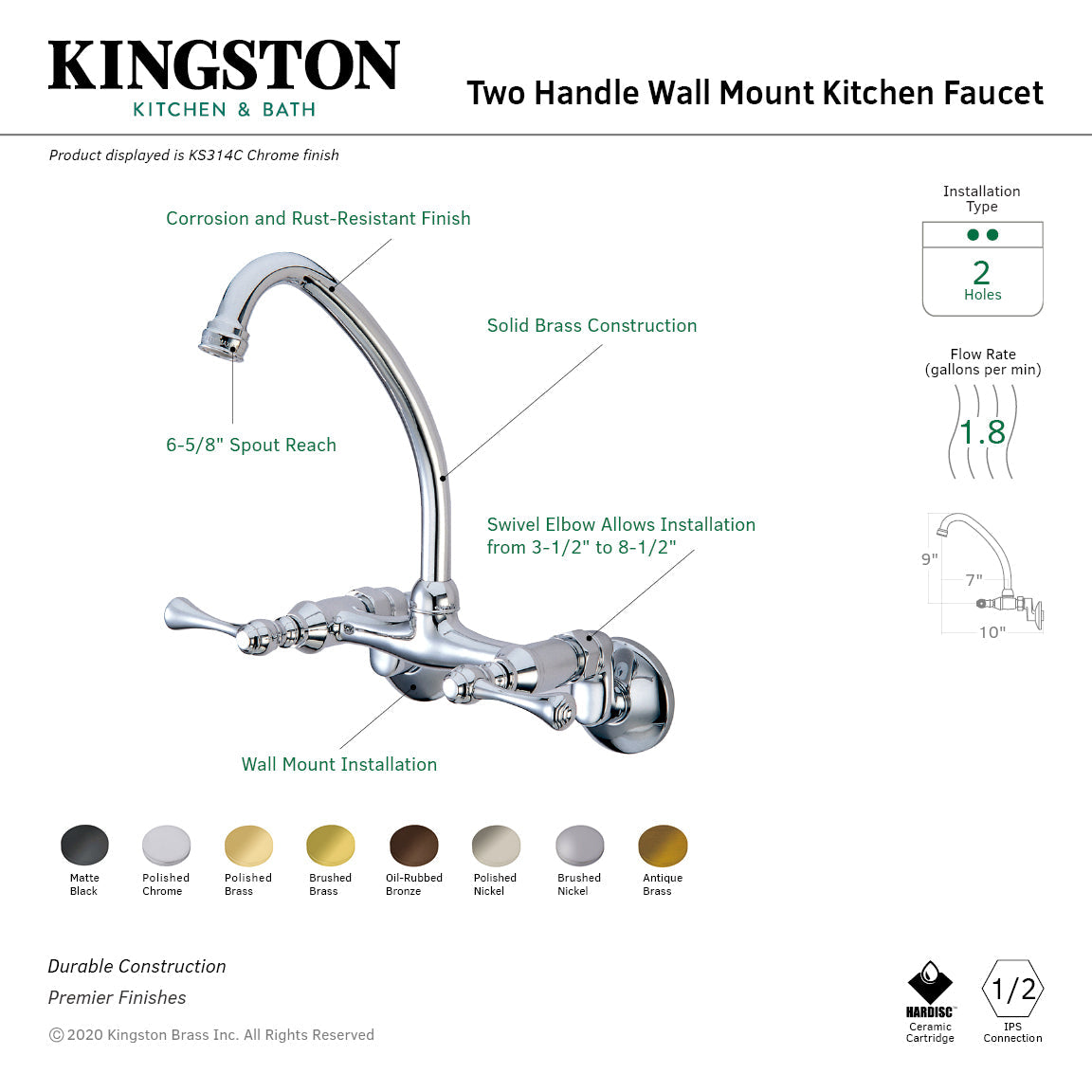 Kingston Double-Handle Wall-Mount Bridge Kitchen Faucet in Polished Chrome