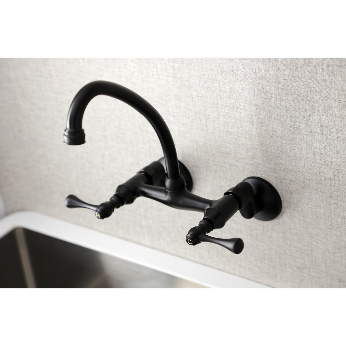 Kingston Double-Handle Wall-Mount Bridge Kitchen Faucet in Matte Black