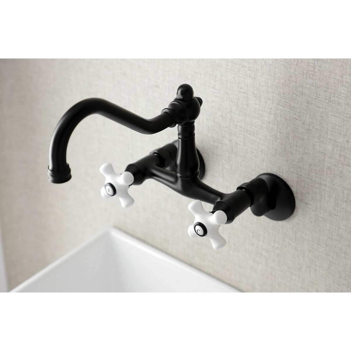 Vintage Double-Handle Wall-Mount Bridge Kitchen Faucet in Matte Black