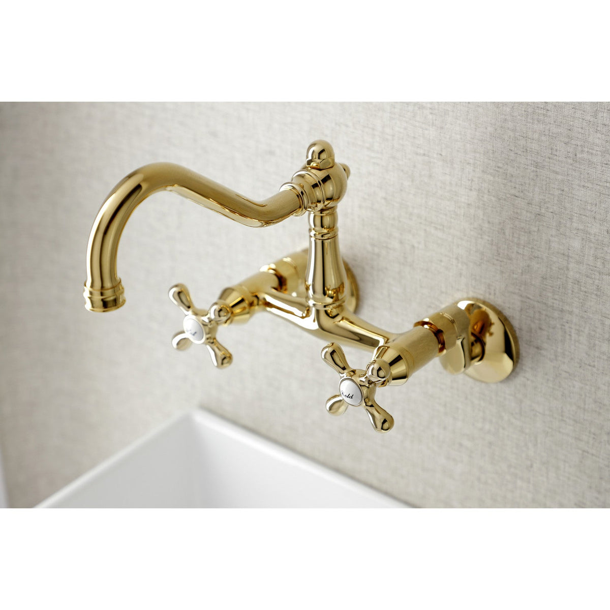 Vintage Double-Handle Wall-Mount Bridge Kitchen Faucet in Polished Brass