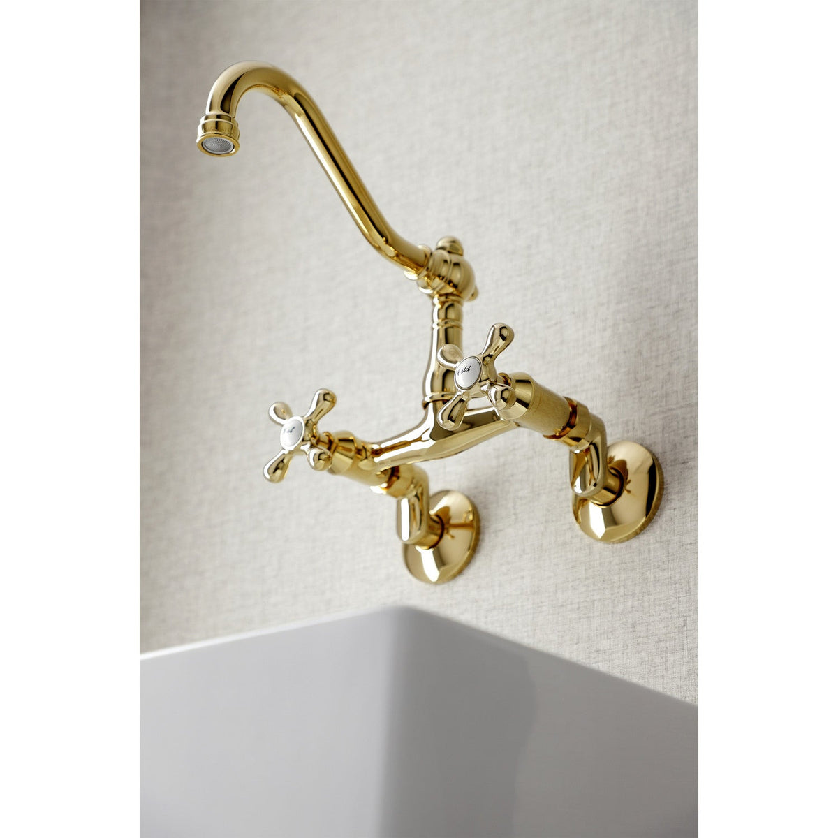 Vintage Double-Handle Wall-Mount Bridge Kitchen Faucet in Polished Brass