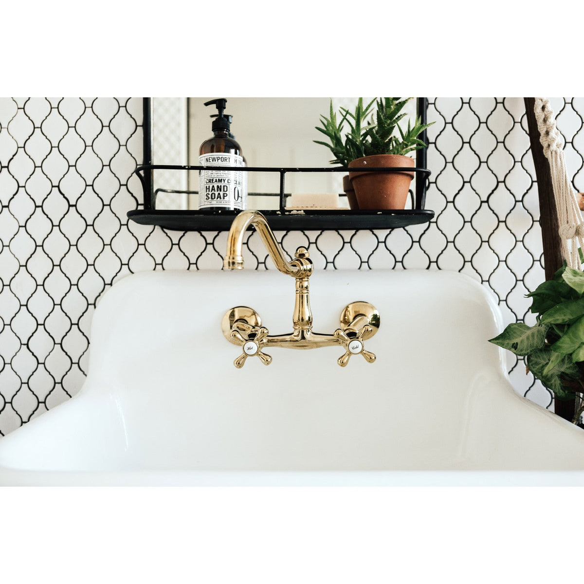 Vintage Double-Handle Wall-Mount Bridge Kitchen Faucet in Polished Brass