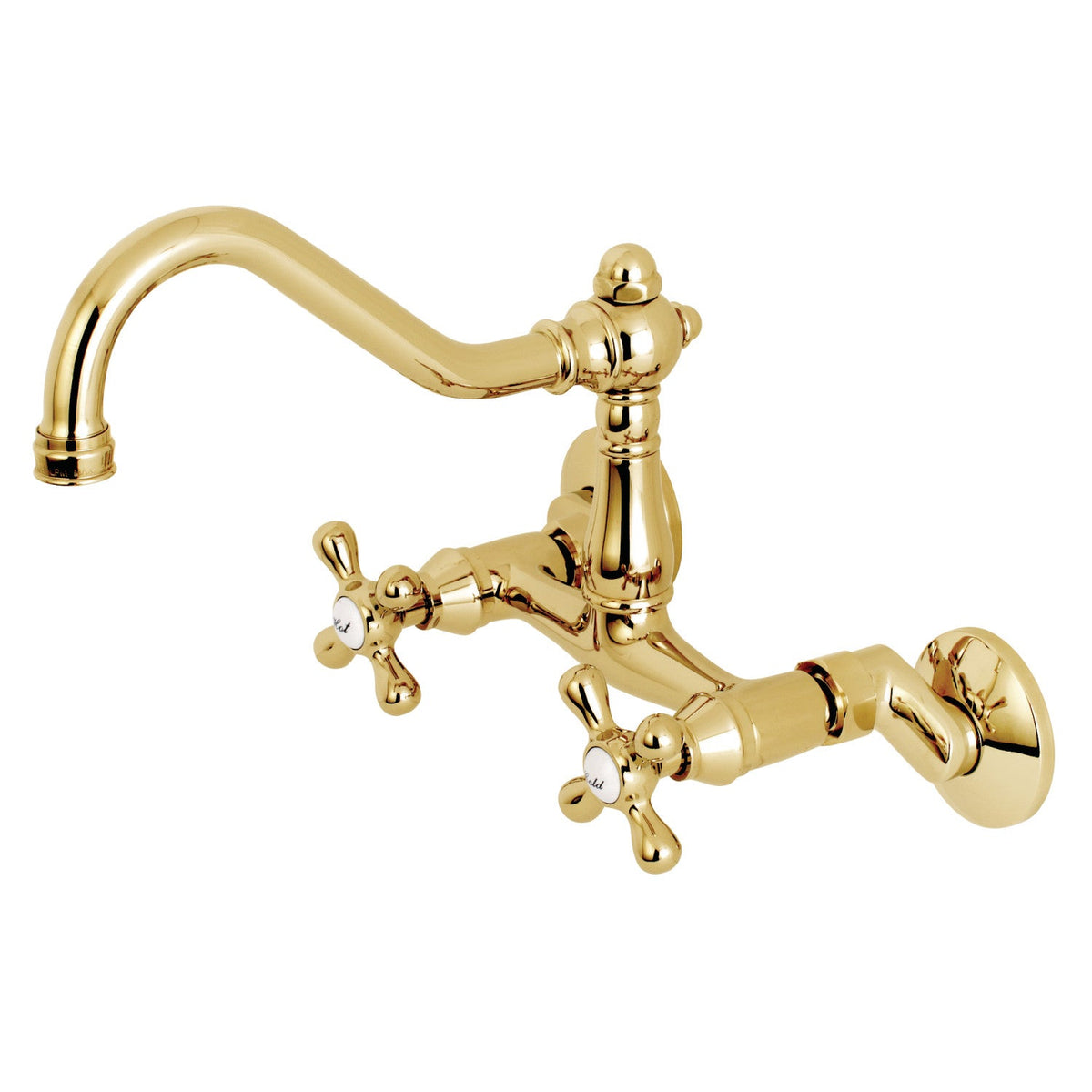 Vintage Double-Handle Wall-Mount Bridge Kitchen Faucet in Polished Brass