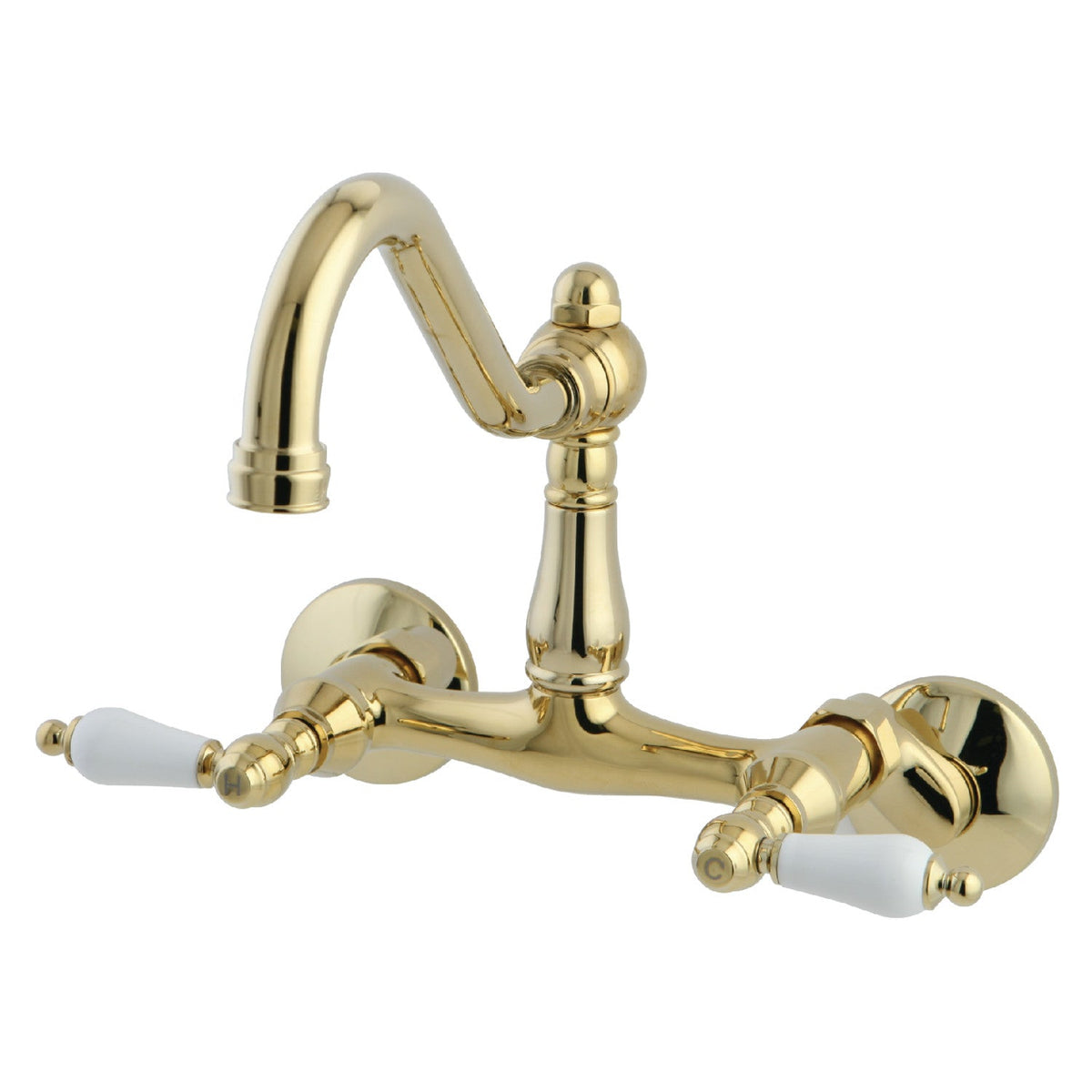 Vintage Double-Handle Wall-Mount Bridge Kitchen Faucet in Polished Brass