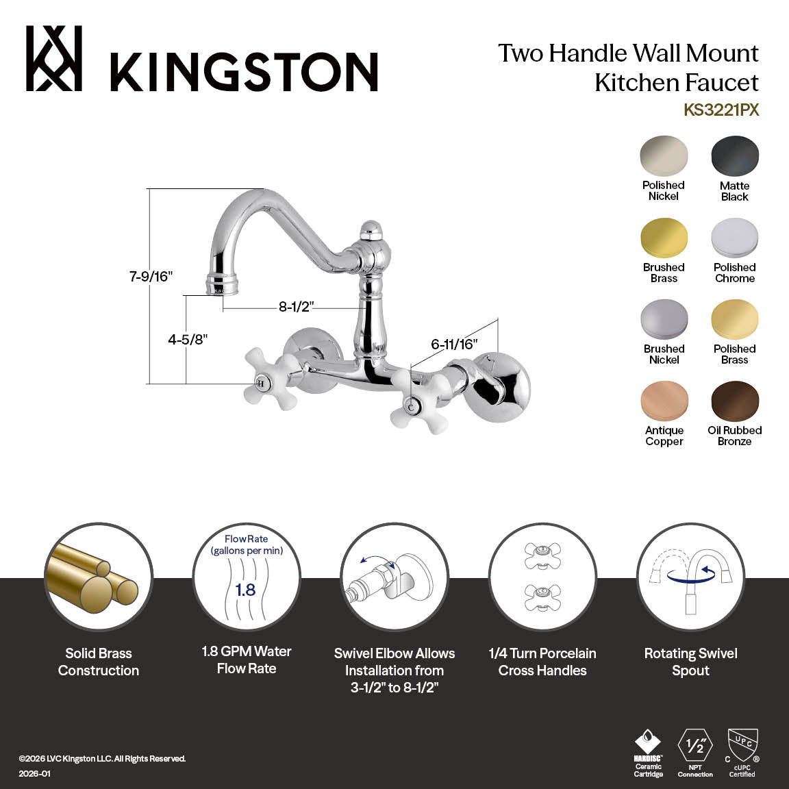 Vintage Double-Handle Wall-Mount Bridge Kitchen Faucet in Polished Brass