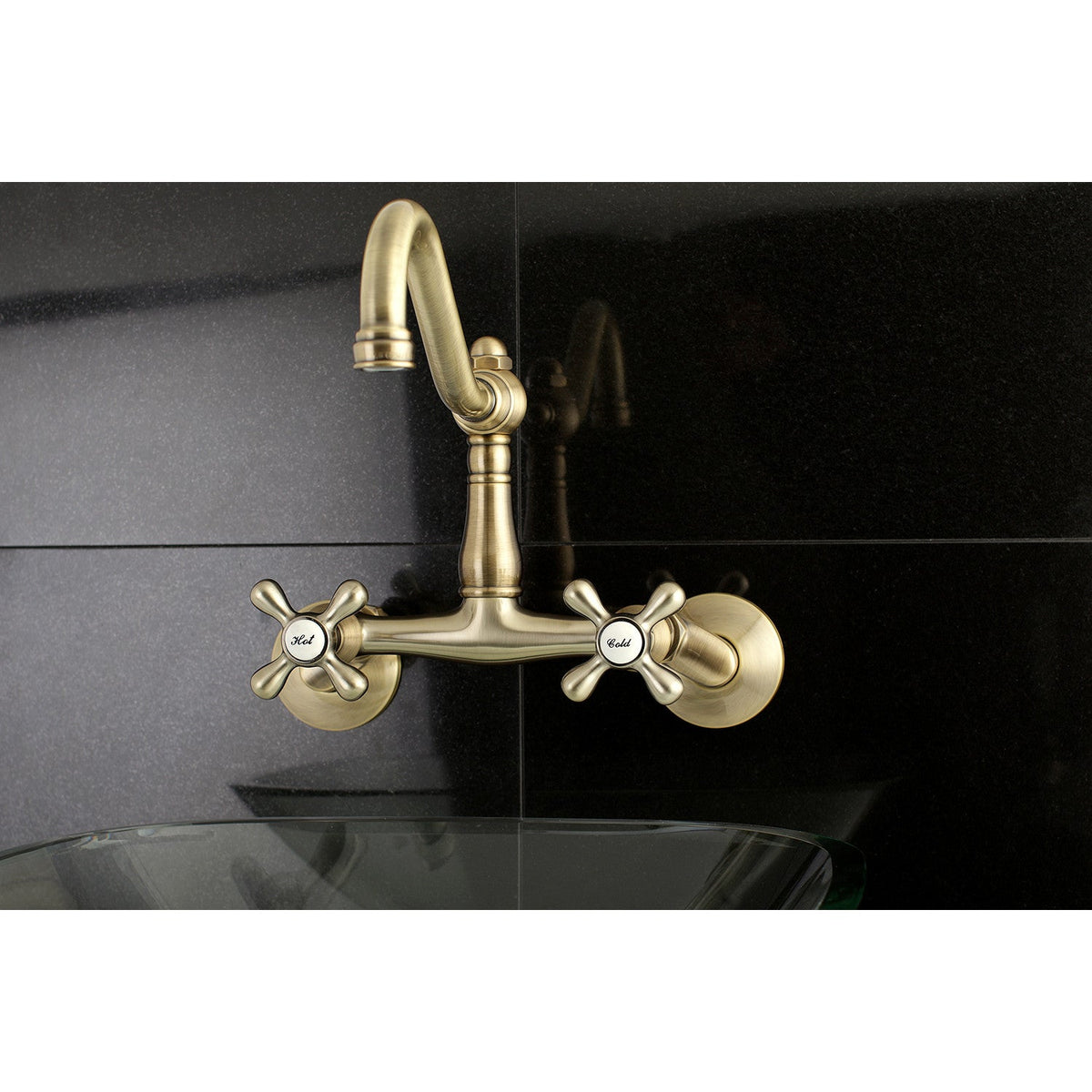 Vintage Double-Handle Wall-Mount Bridge Kitchen Faucet in Antique Brass