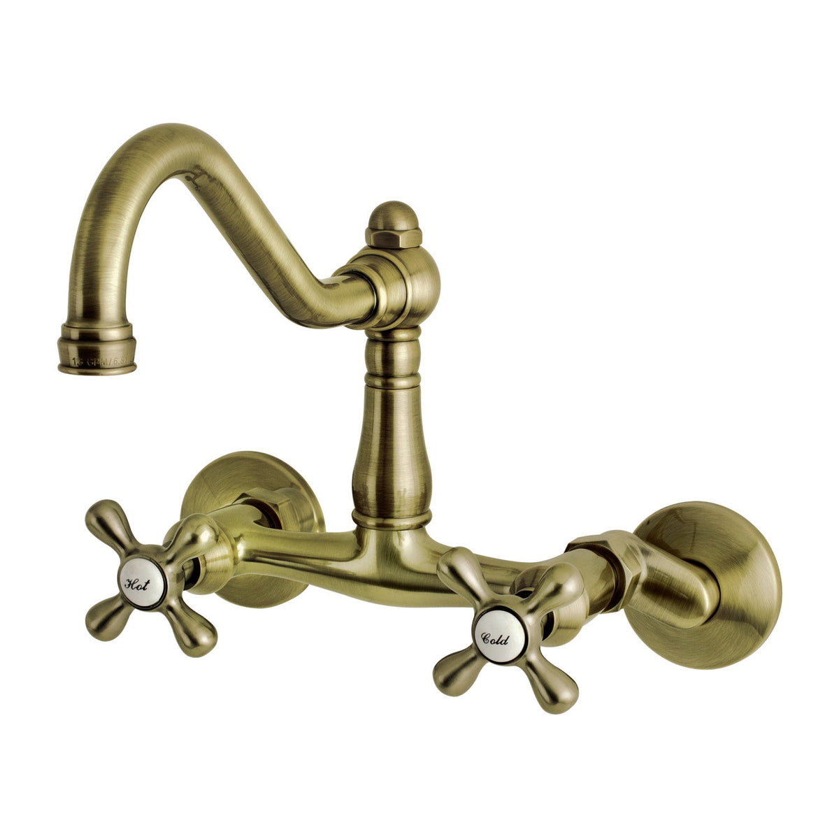 Vintage Double-Handle Wall-Mount Bridge Kitchen Faucet in Antique Brass