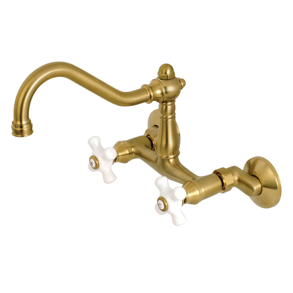 Vintage Double-Handle Wall-Mount Bridge Kitchen Faucet in Brushed Brass