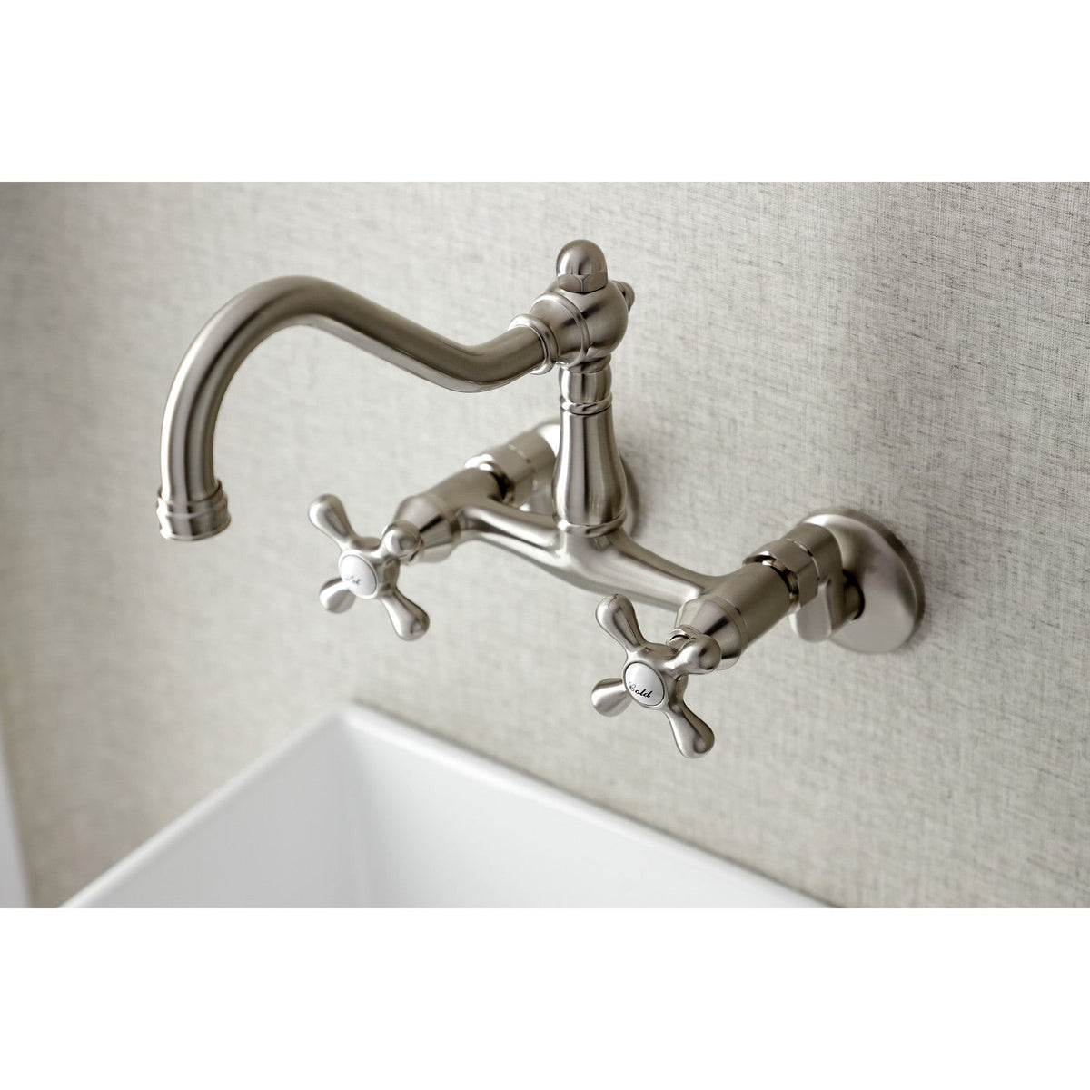 Vintage Double-Handle Wall-Mount Bridge Kitchen Faucet in Brushed Nickel