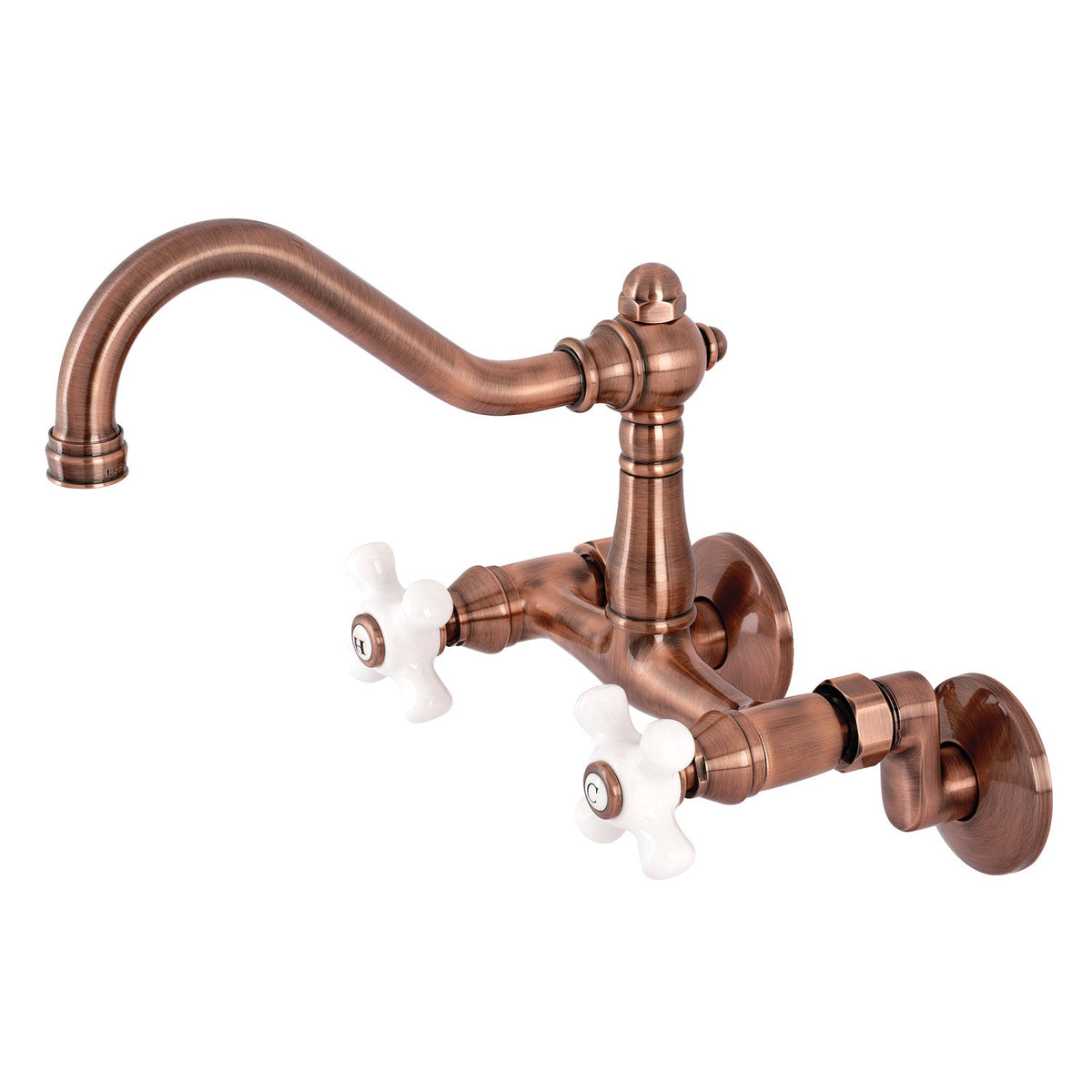 Vintage Double-Handle Wall-Mount Bridge Kitchen Faucet in Antique Copper