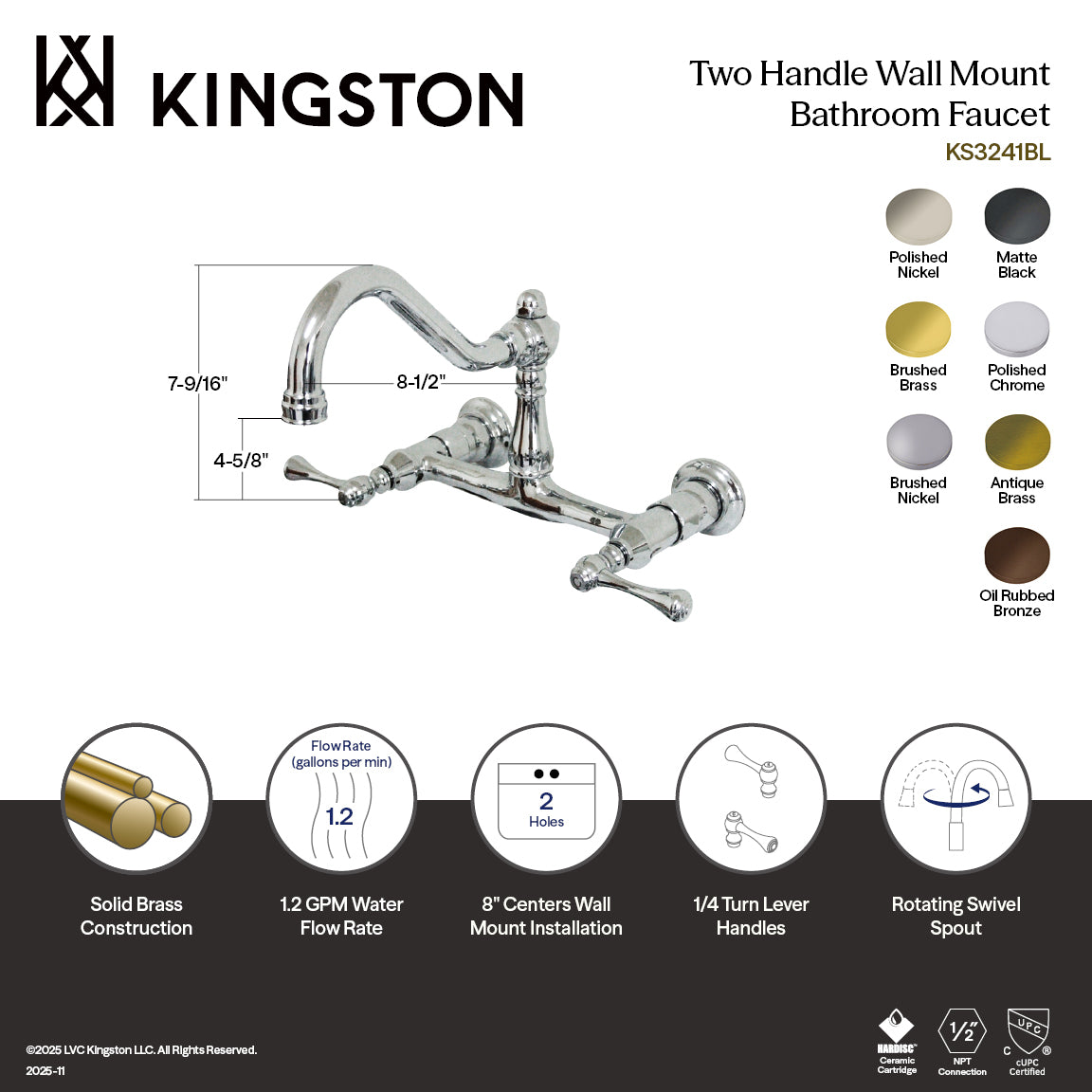 Vintage Double-Handle Wall Mount Bathroom Faucet in Polished Chrome
