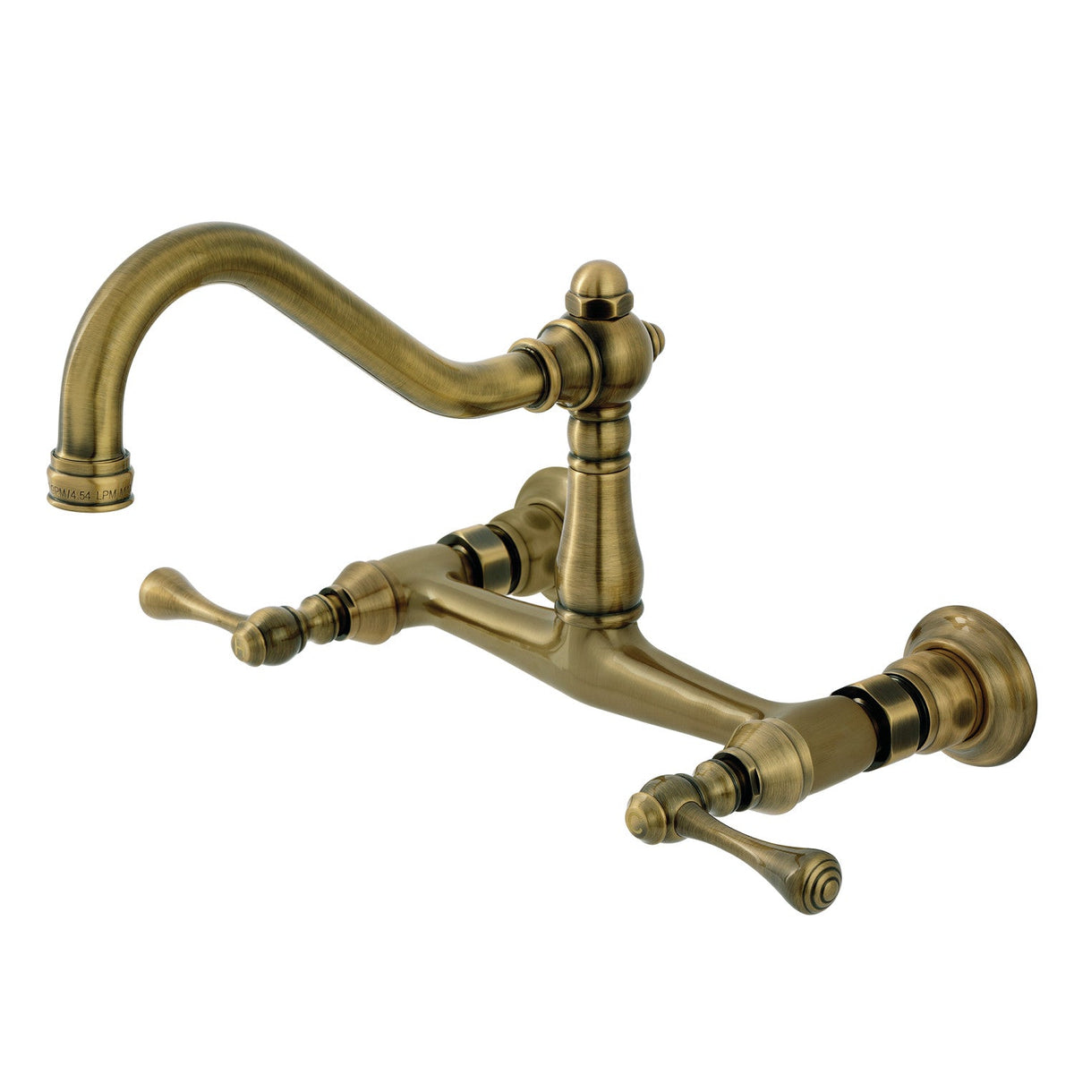 Vintage Double-Handle 2-Hole Wall Mount Bathroom Faucet in Antique Brass