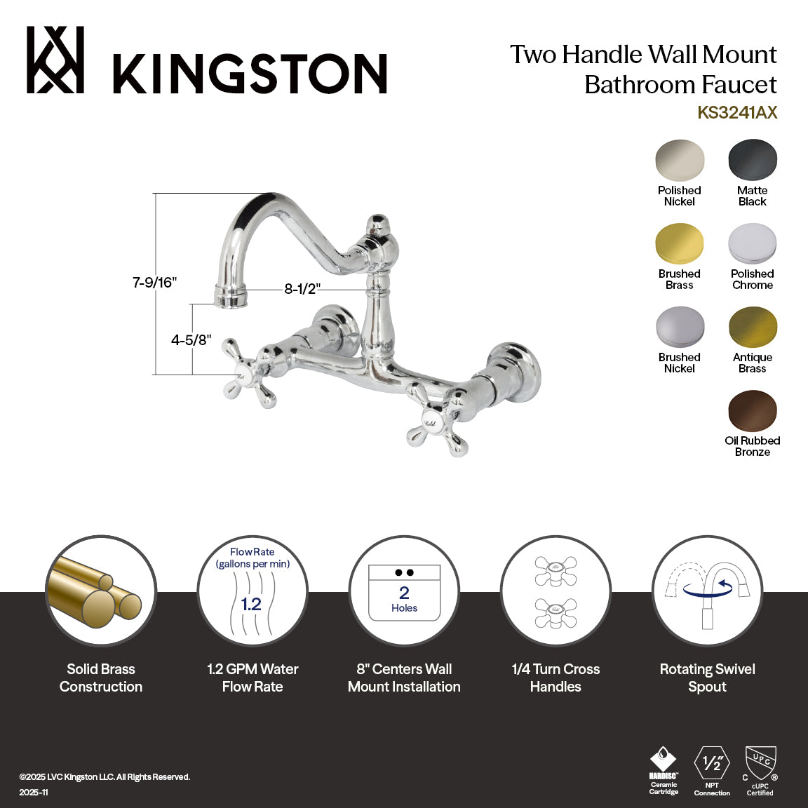 Vintage Double-Handle Wall Mount Bathroom Faucet in Polished Nickel