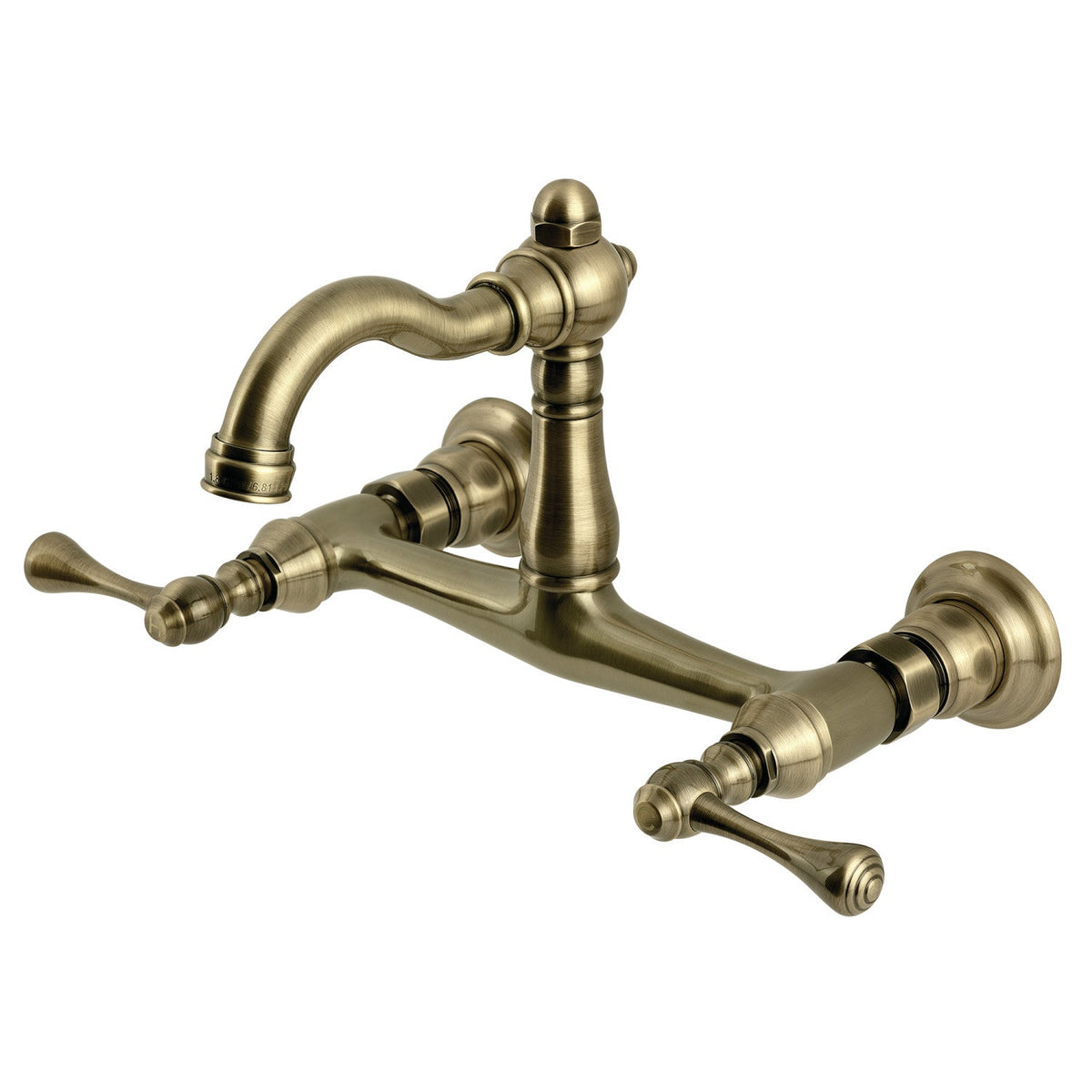 Vintage Double-Handle Wall-Mount Bridge Kitchen Faucet in Antique Brass