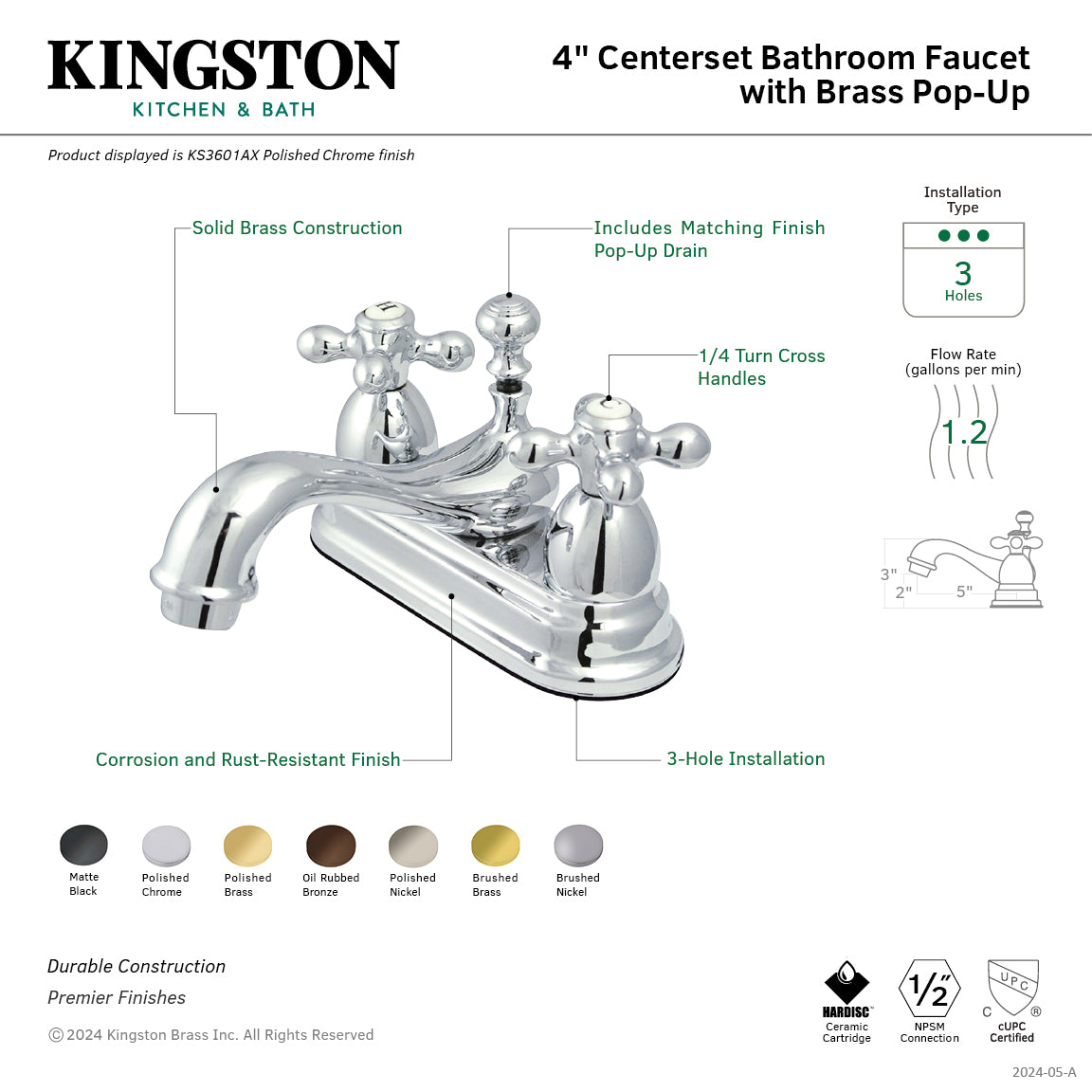 Restoration Double-Handle 4" Centerset Bathroom Faucet with Brass Pop-Up in Brushed Nickel