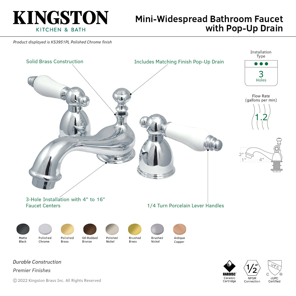 Restoration Mini-Widespread Bathroom Faucet with Brass Pop-Up Drain in Polished Brass