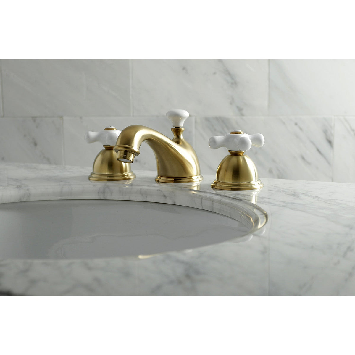 Restoration Widespread Bathroom Faucet with Brass Pop-Up in Brushed Brass
