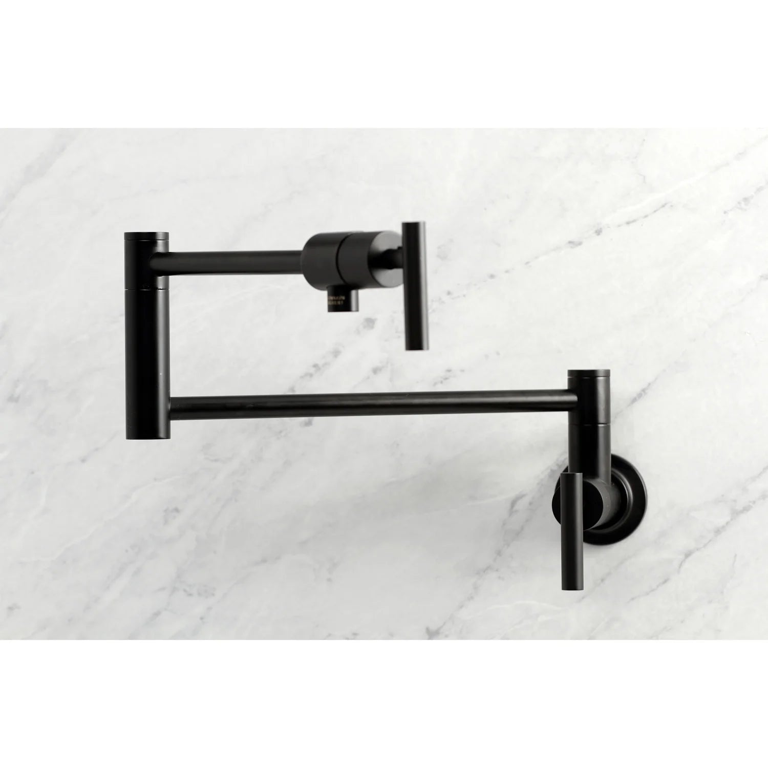 Wall-mount pot filler faucet with matte black mounting arms and wall control valve