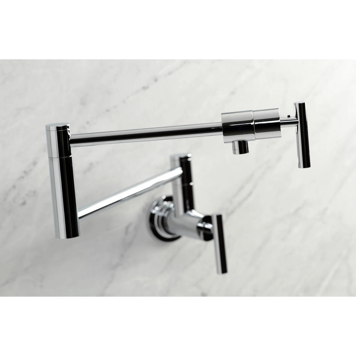 Polished chrome pot filler faucet close-up showing spout bar, control, and mounting posts