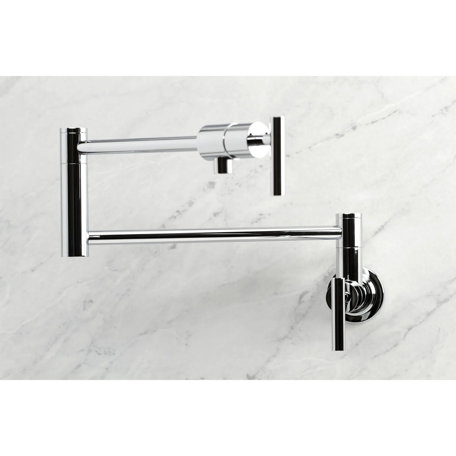Wall-mounted pot filler faucet with polished chrome spout and control lever on round base