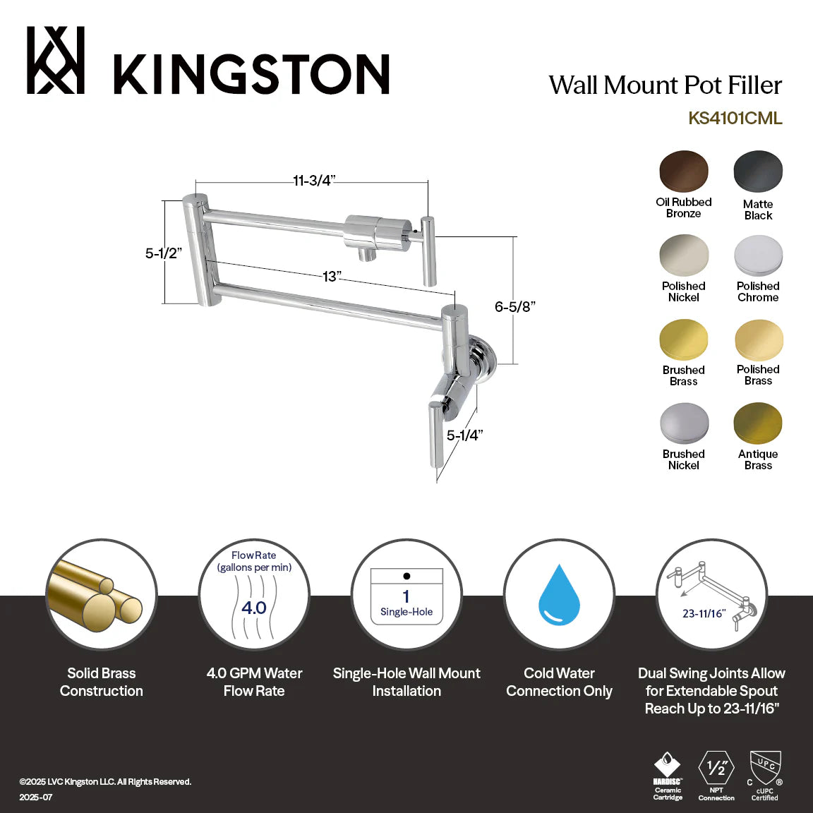 Wall-mount pot filler faucet diagram with Kingston branding, options and dimension callouts