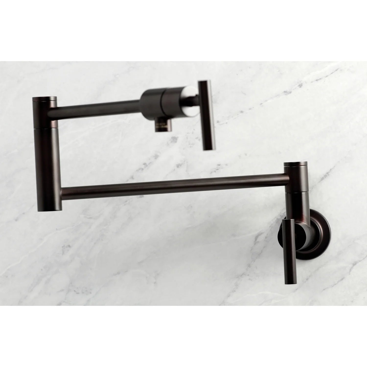 Wall-mount pot filler faucet, oil-rubbed bronze, showing wall-mounted spout and controls