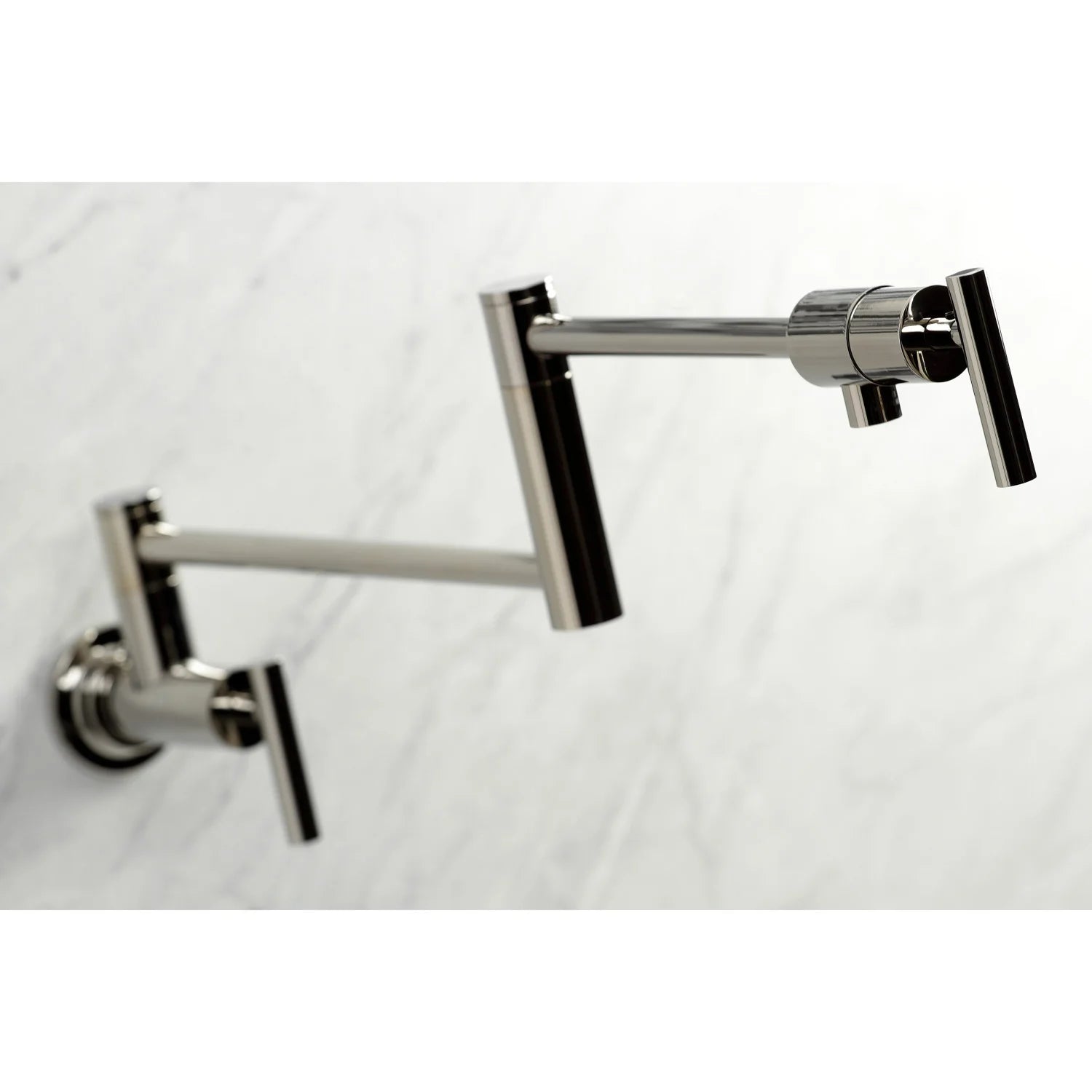 Wall-mount pot filler faucet polished nickel, angled view of spout and lever