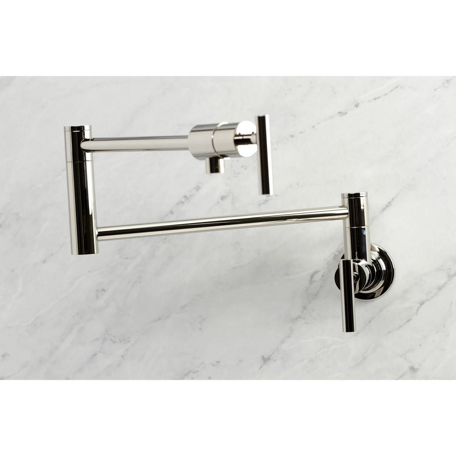 Wall-mount pot filler faucet, polished nickel finish, with round diverter handle