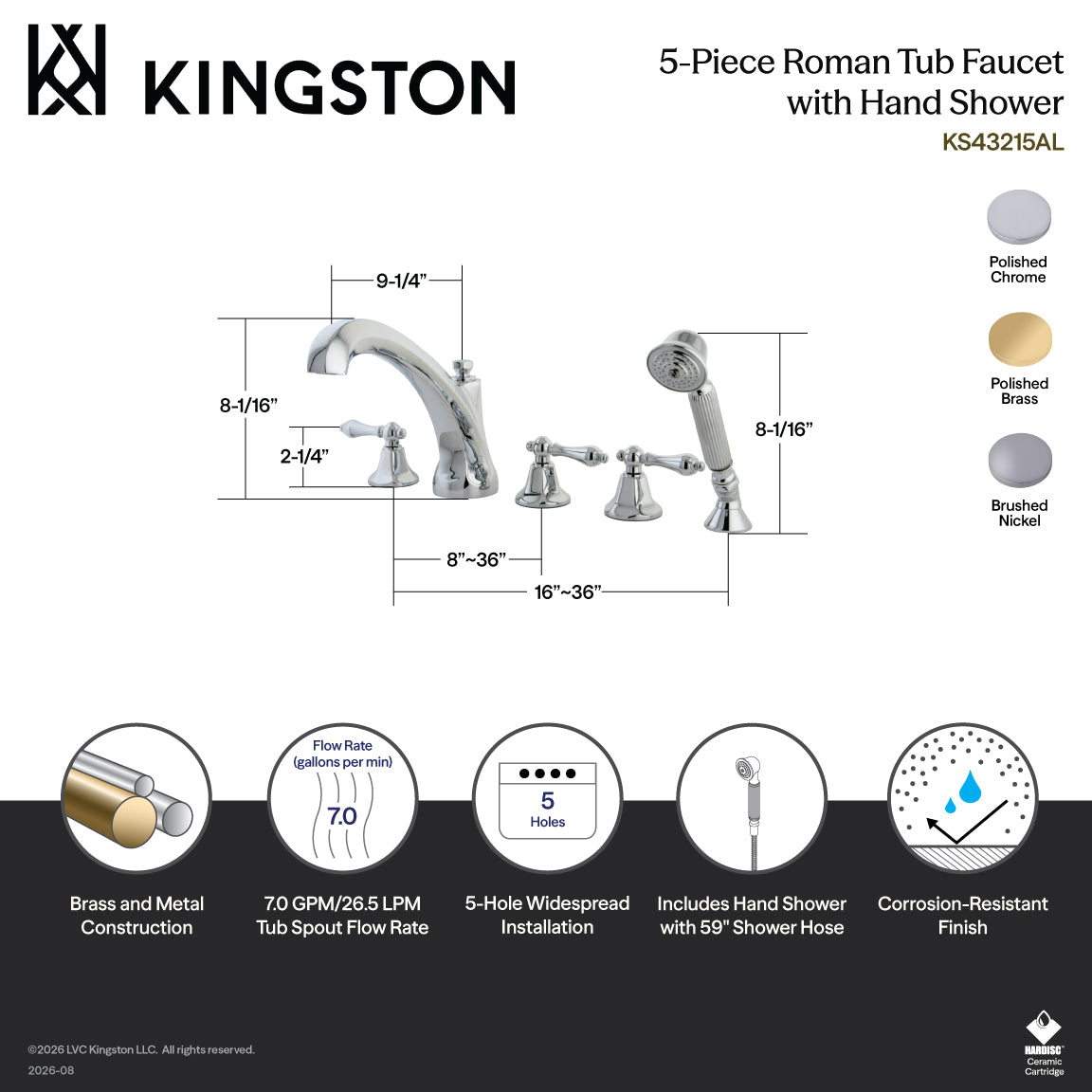 Metropolitan 5-Piece Roman Tub Faucet with Hand Shower in Polished Brass