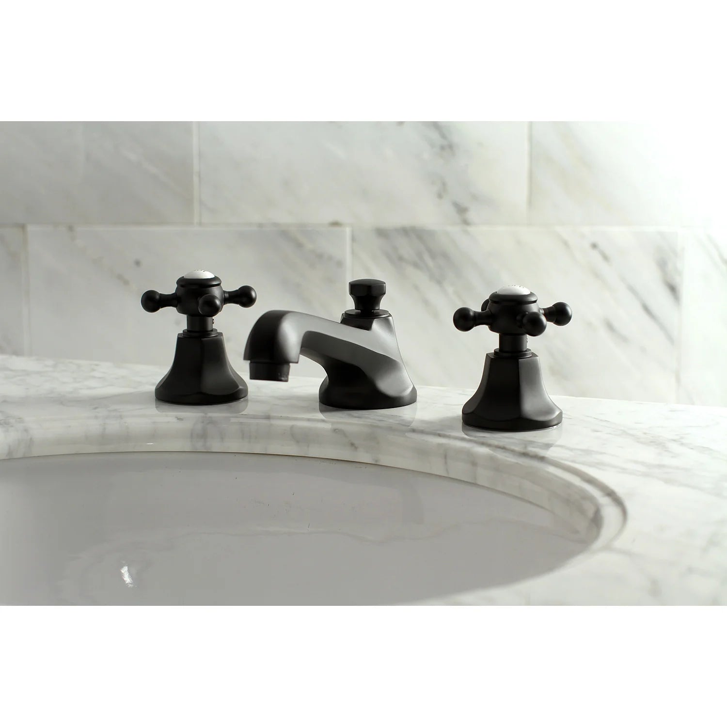 Matte black widespread bathroom faucet set with spout and two separate handles