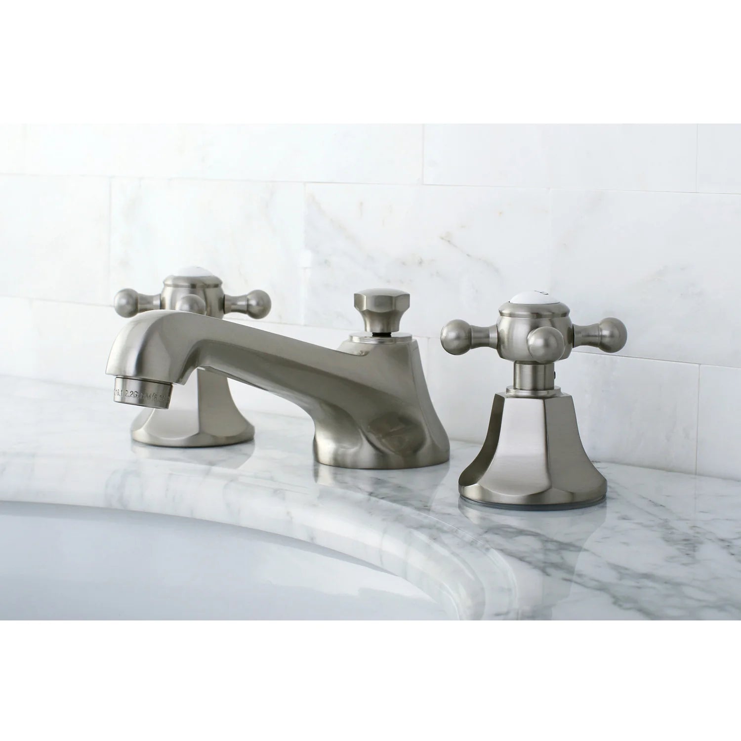 Brushed nickel widespread bathroom faucet with two cross handles and long spout