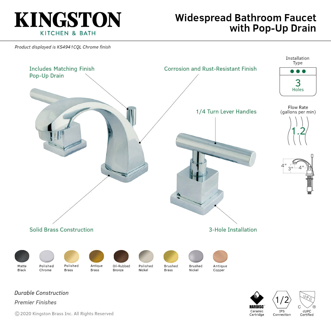 Claremont Widespread Bathroom Faucet with Brass Pop-Up in Polished Chrome