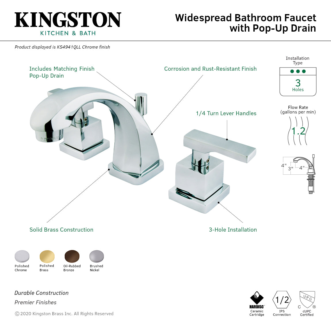 Executive Widespread Bathroom Faucet with Brass Pop-Up in Polished Brass