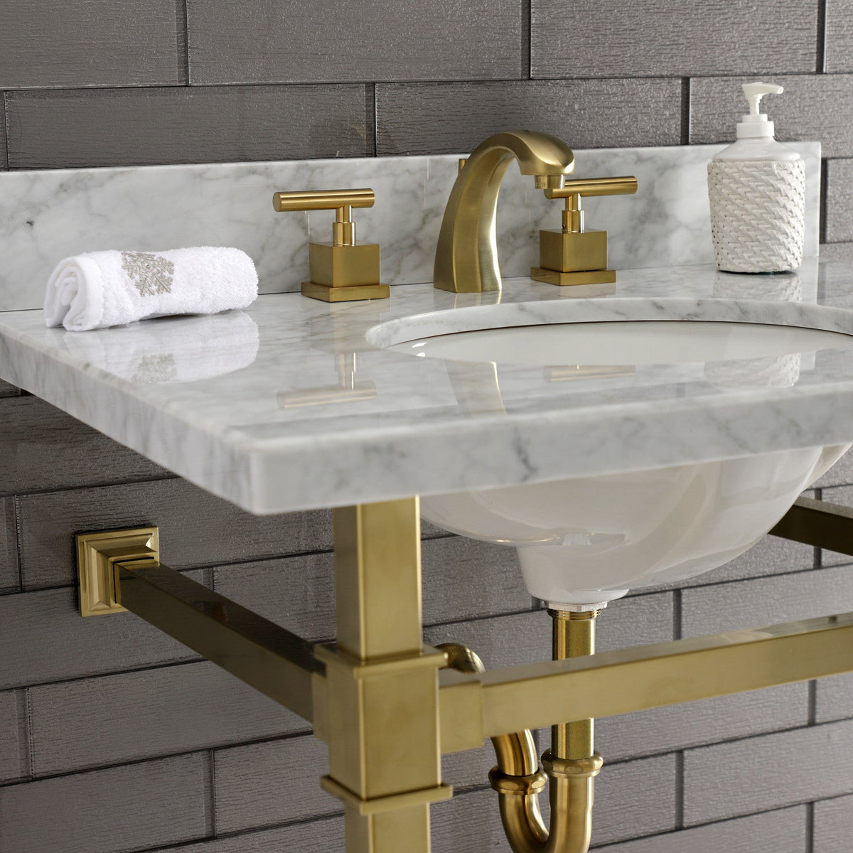 Claremont Widespread Bathroom Faucet with Brass Pop-Up in Brushed Brass