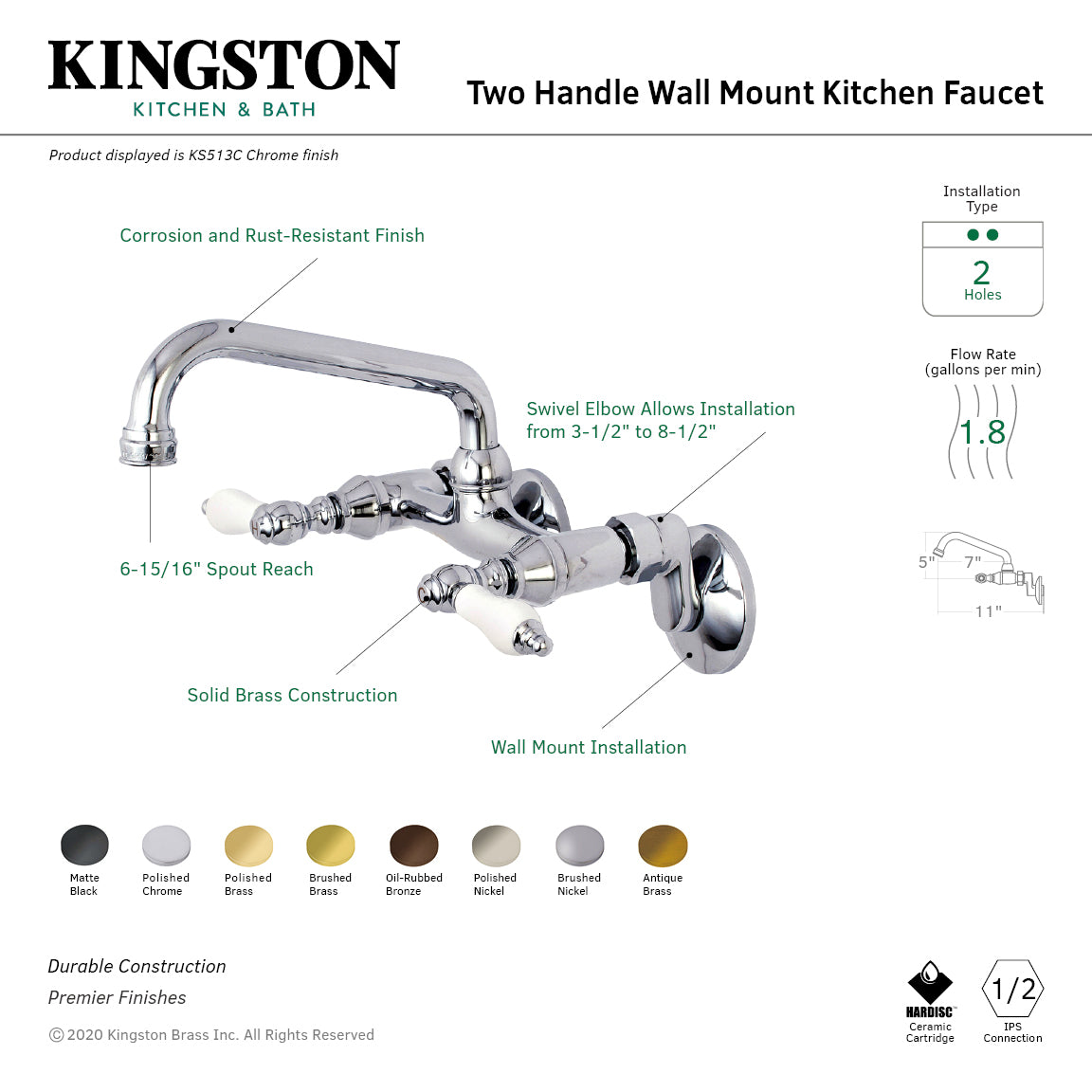 Kingston Double-Handle Wall-Mount Bridge Kitchen Faucet in Brushed Nickel