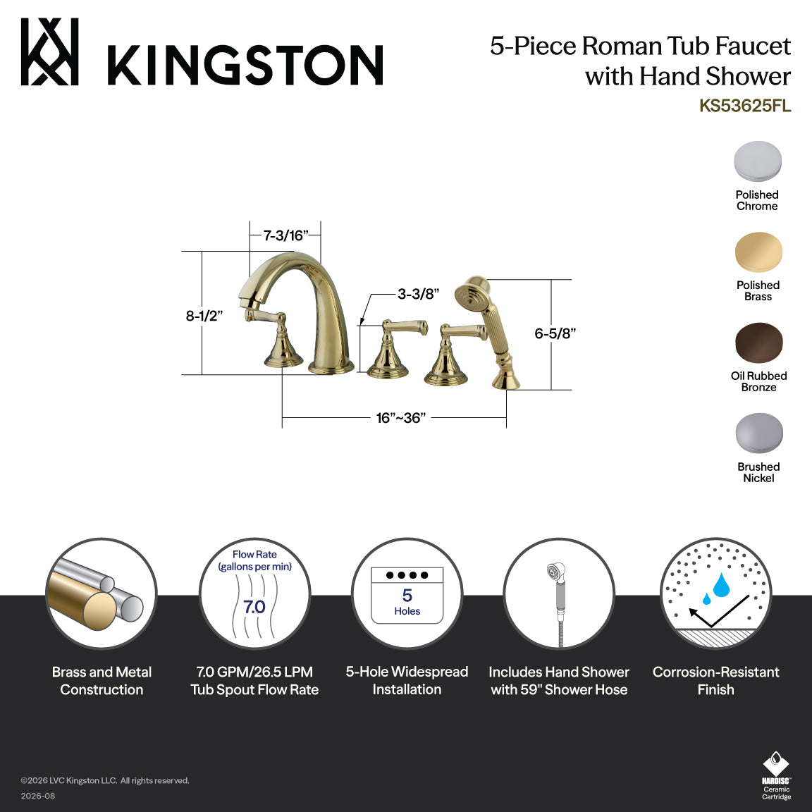 Royale 5-Piece Roman Tub Faucet with Hand Shower in Polished Brass