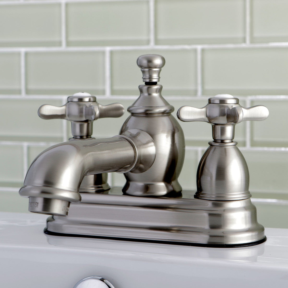 Essex Double-Handle 4" Centerset Bathroom Faucet with Brass Pop-Up in Brushed Nickel
