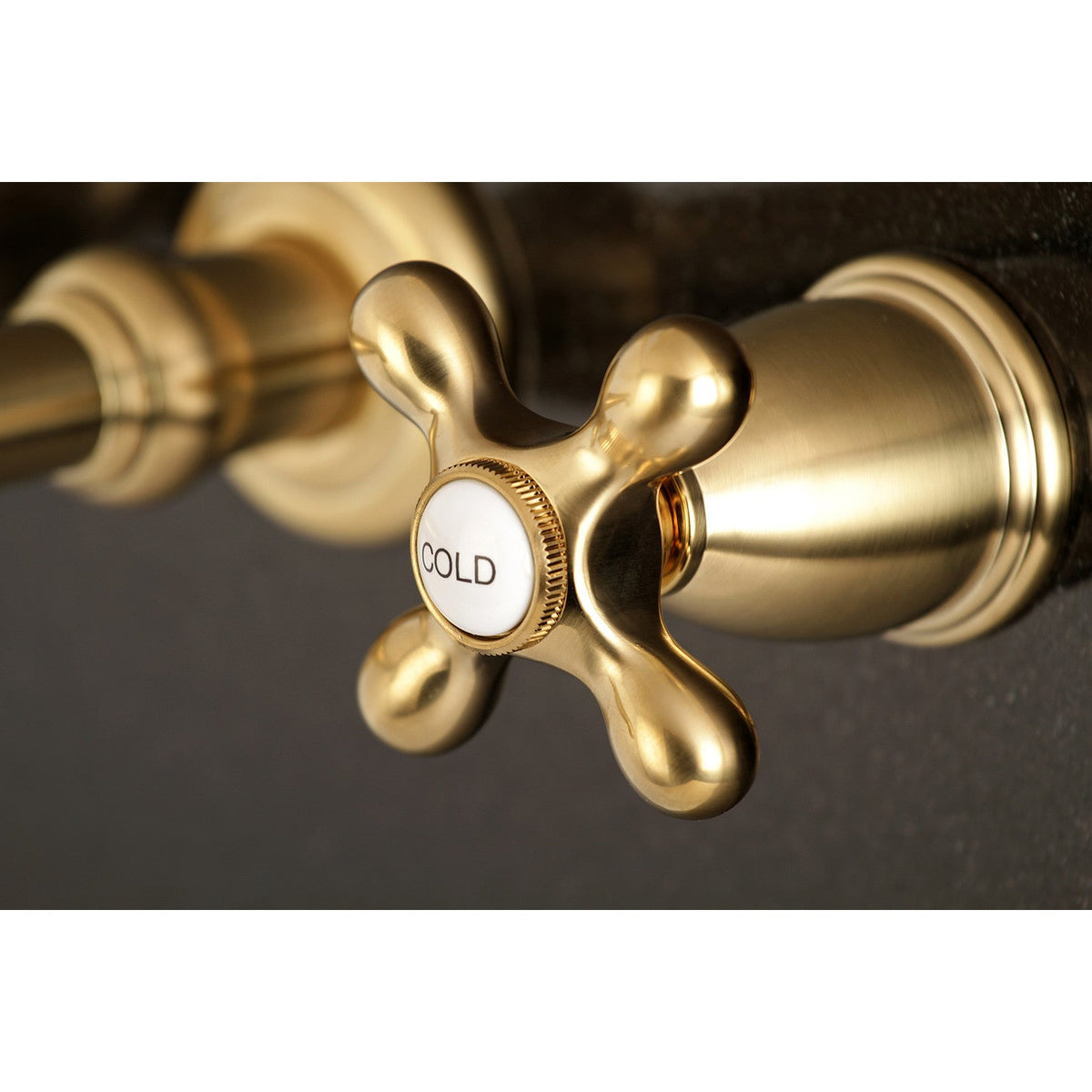 English Country Two-Handle Wall Mount Roman Tub Faucet in Brushed Brass