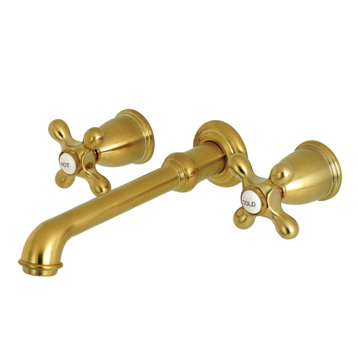 English Country Two-Handle Wall Mount Roman Tub Faucet in Brushed Brass