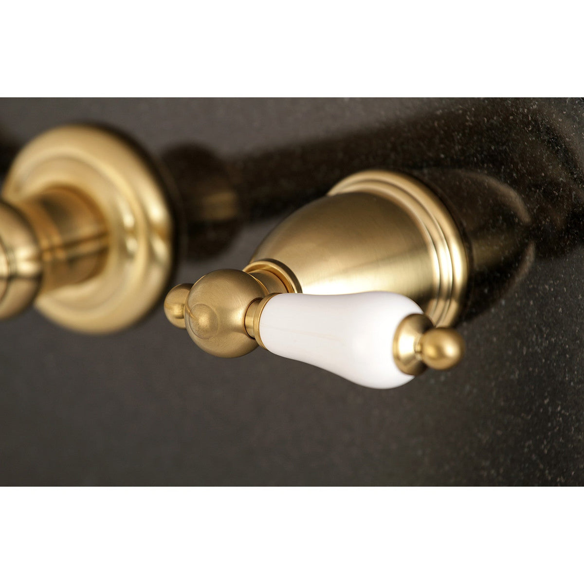 English Vintage Two-Handle Wall Mount Roman Tub Faucet in Brushed Brass