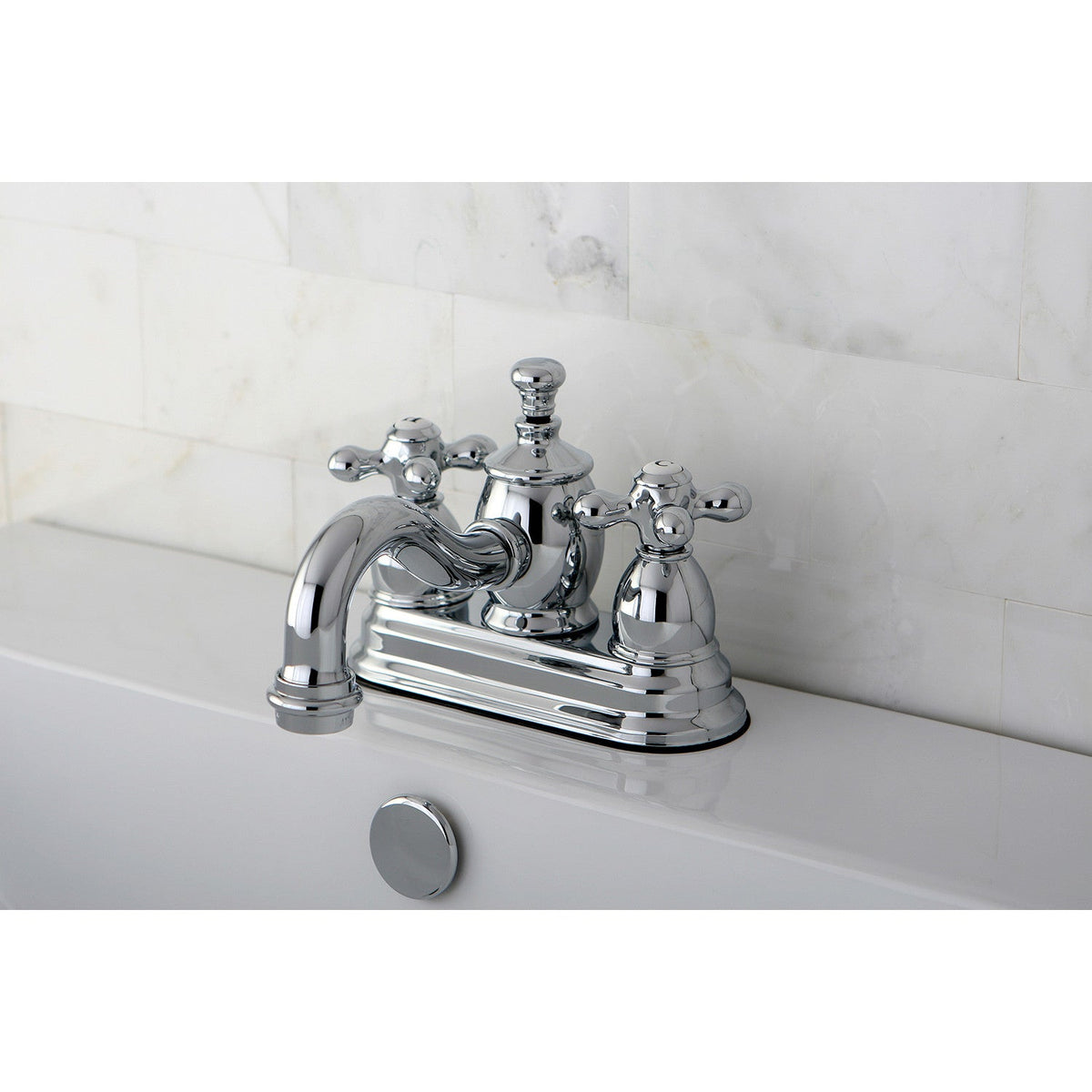 English Country Double-Handle 4" Centerset Bathroom Faucet with Brass Pop-Up in Polished Chrome