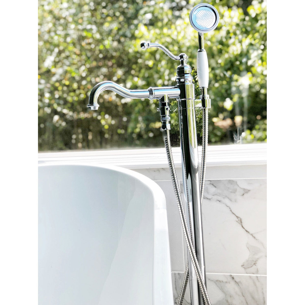 English Country Freestanding Tub Faucet with Hand Shower in Polished Chrome