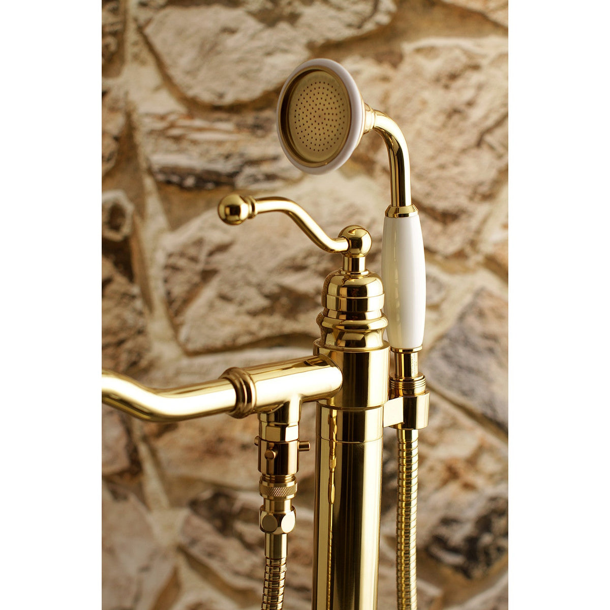 English Country Freestanding Tub Faucet with Hand Shower in Polished Brass