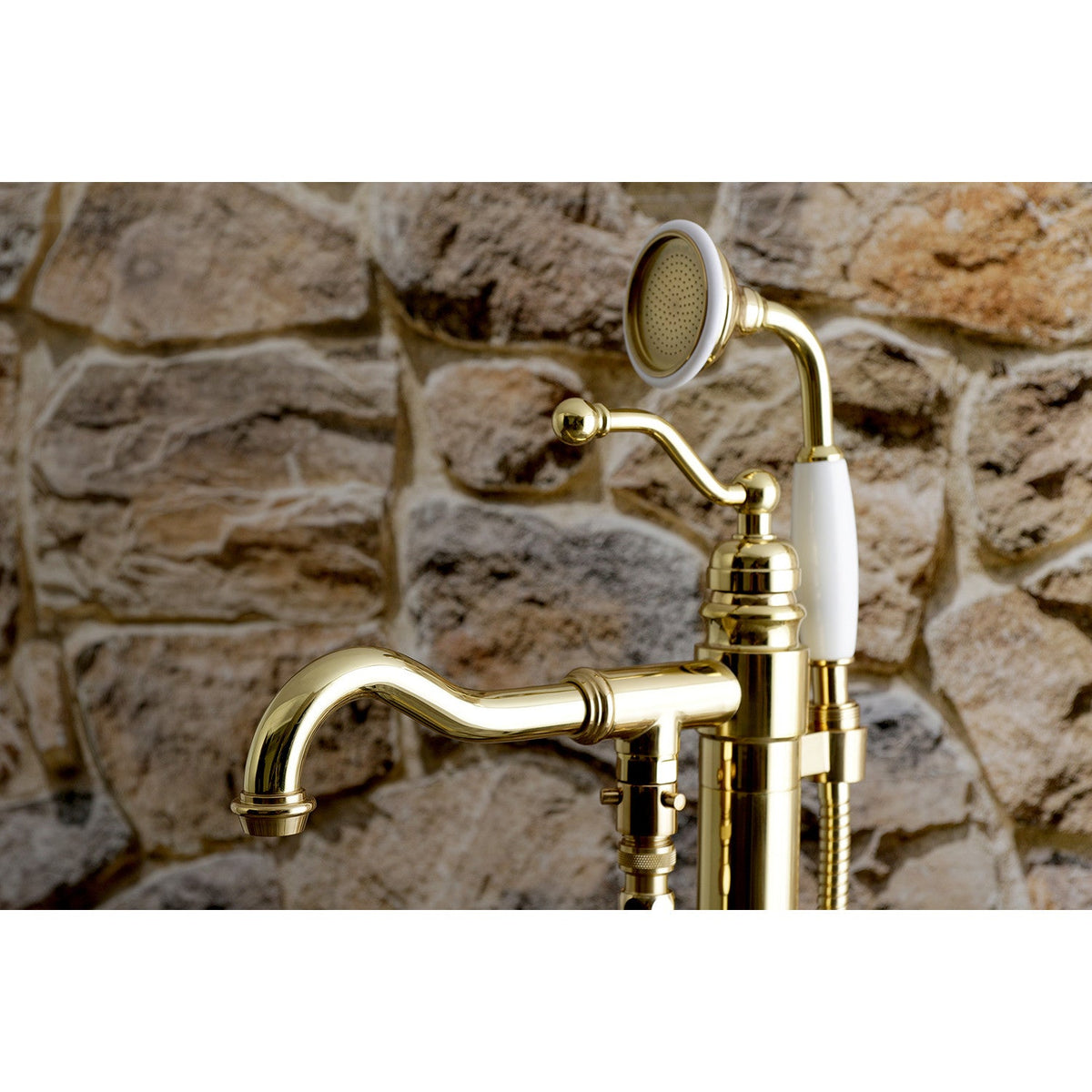 English Country Freestanding Tub Faucet with Hand Shower in Polished Brass