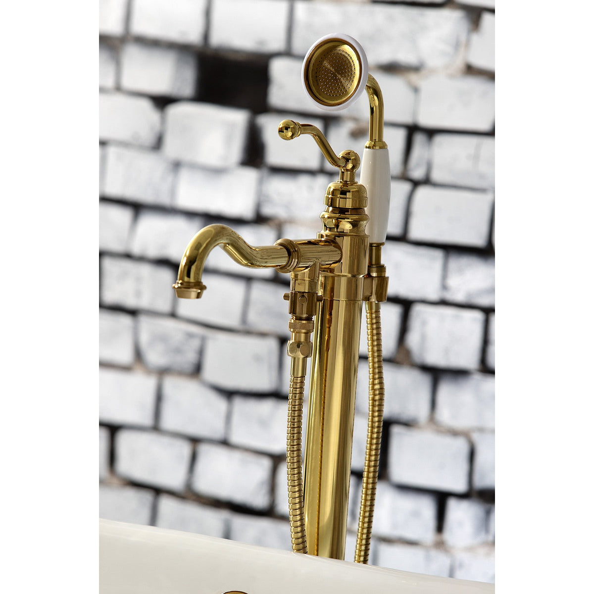 English Country Freestanding Tub Faucet with Hand Shower in Polished Brass