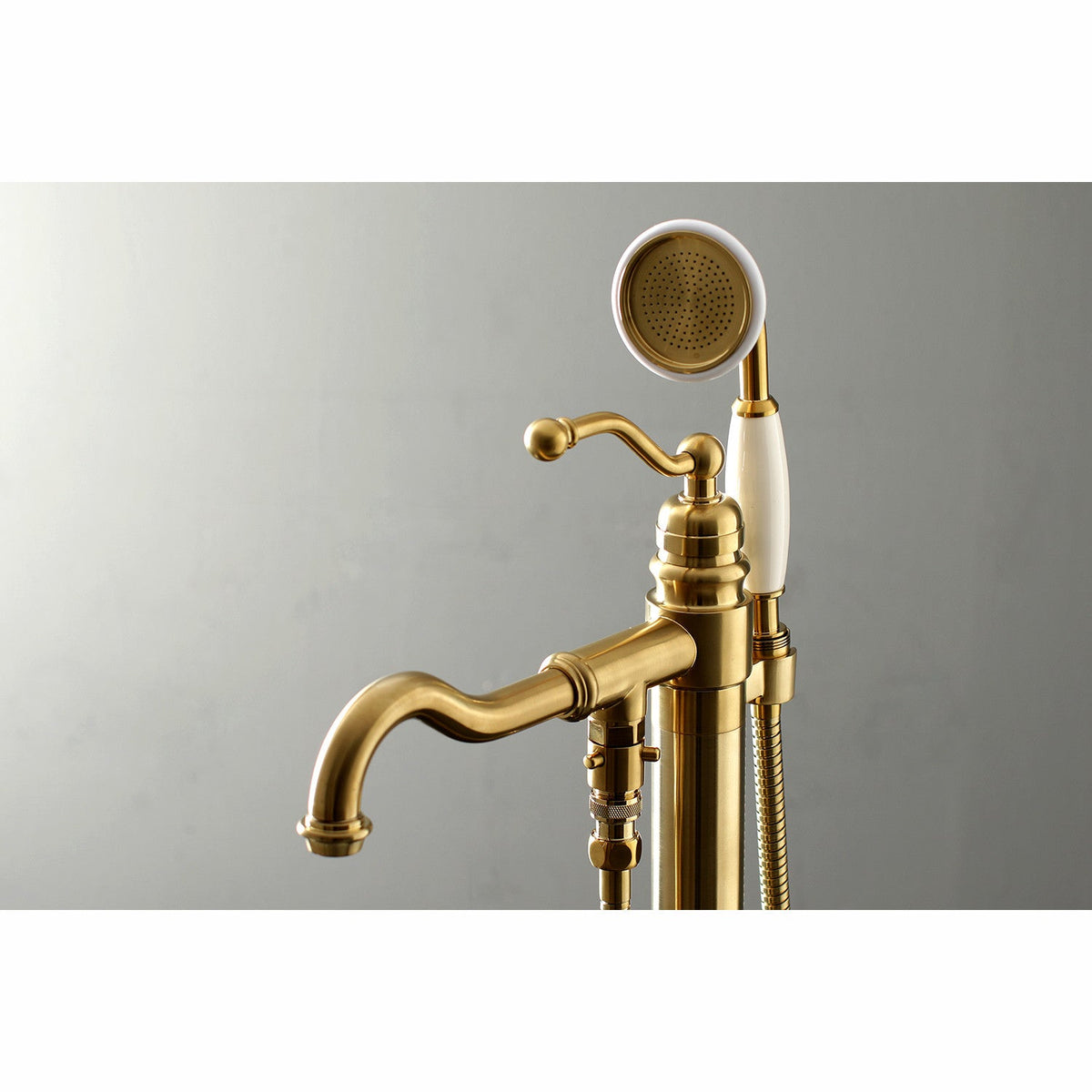 English Country Freestanding Tub Faucet with Hand Shower in Brushed Brass
