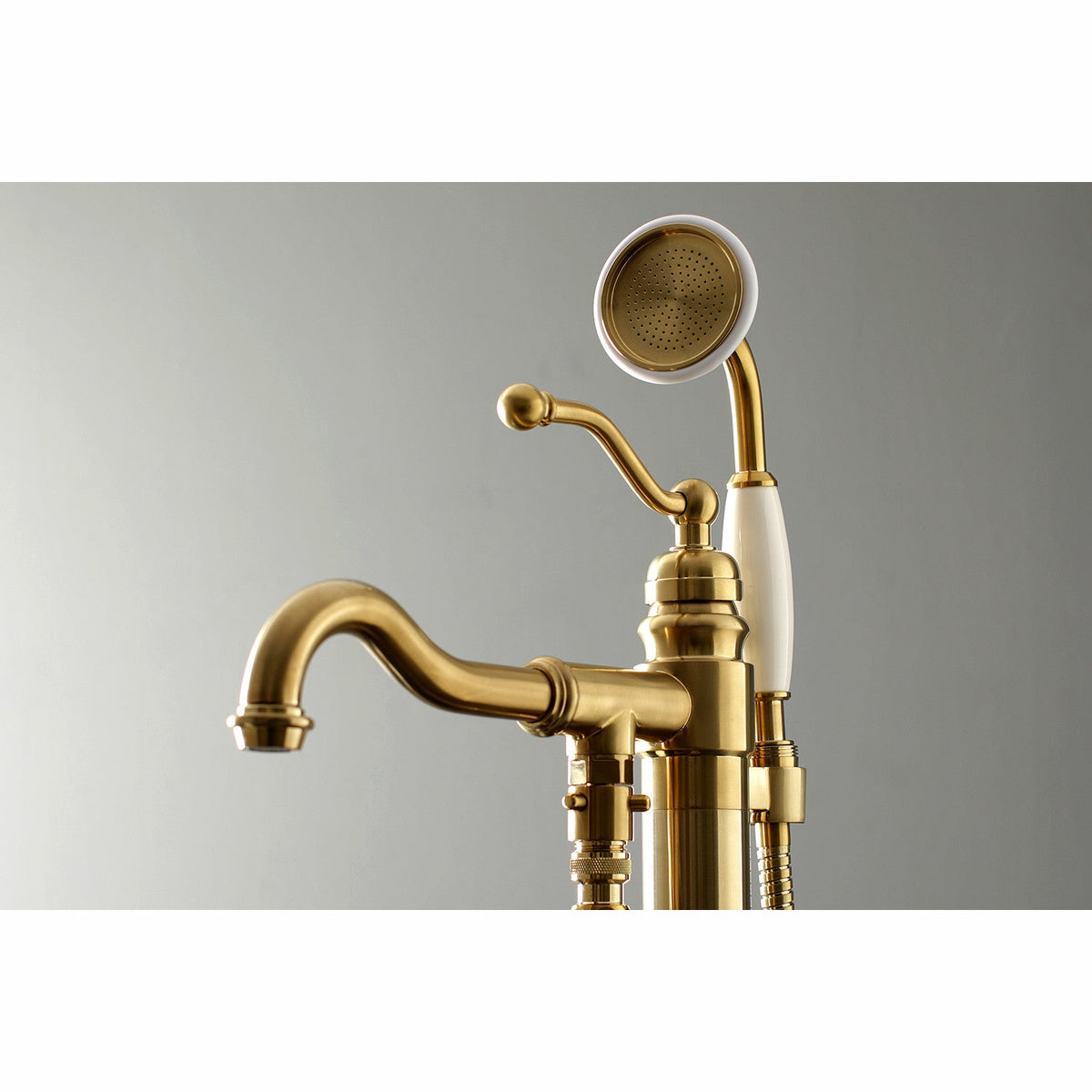 English Country Freestanding Tub Faucet with Hand Shower in Brushed Brass