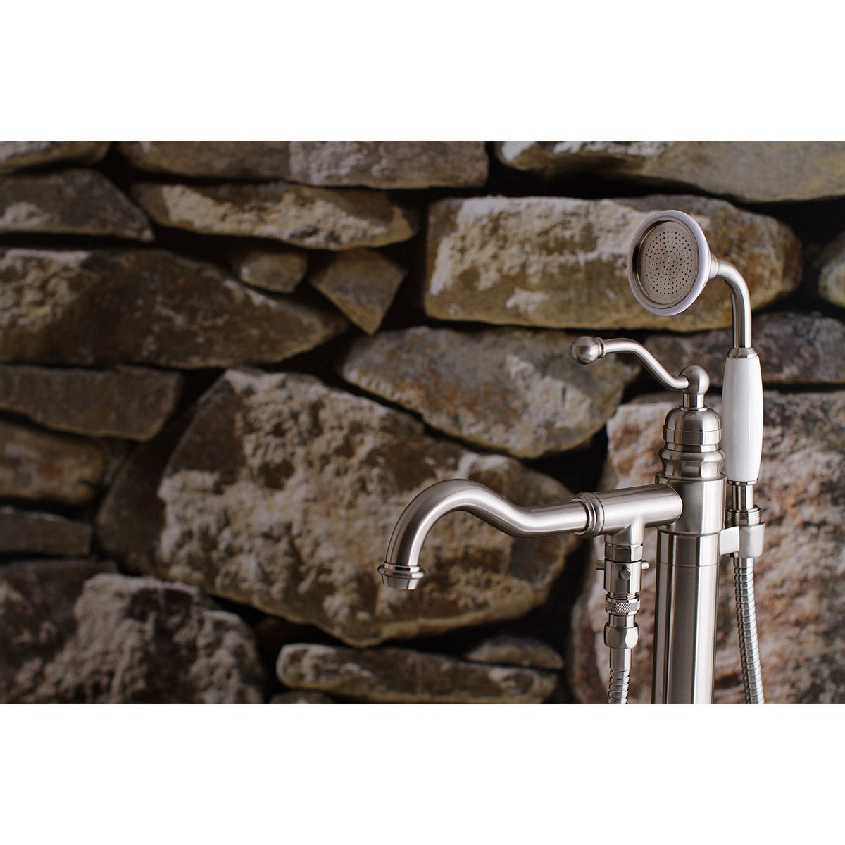 English Country Freestanding Tub Faucet with Hand Shower in Brushed Nickel