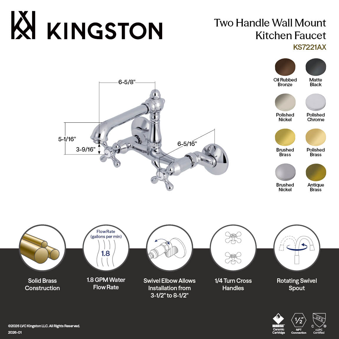 English Country Double-Handle Wall-Mount Bridge Kitchen Faucet in Polished Brass